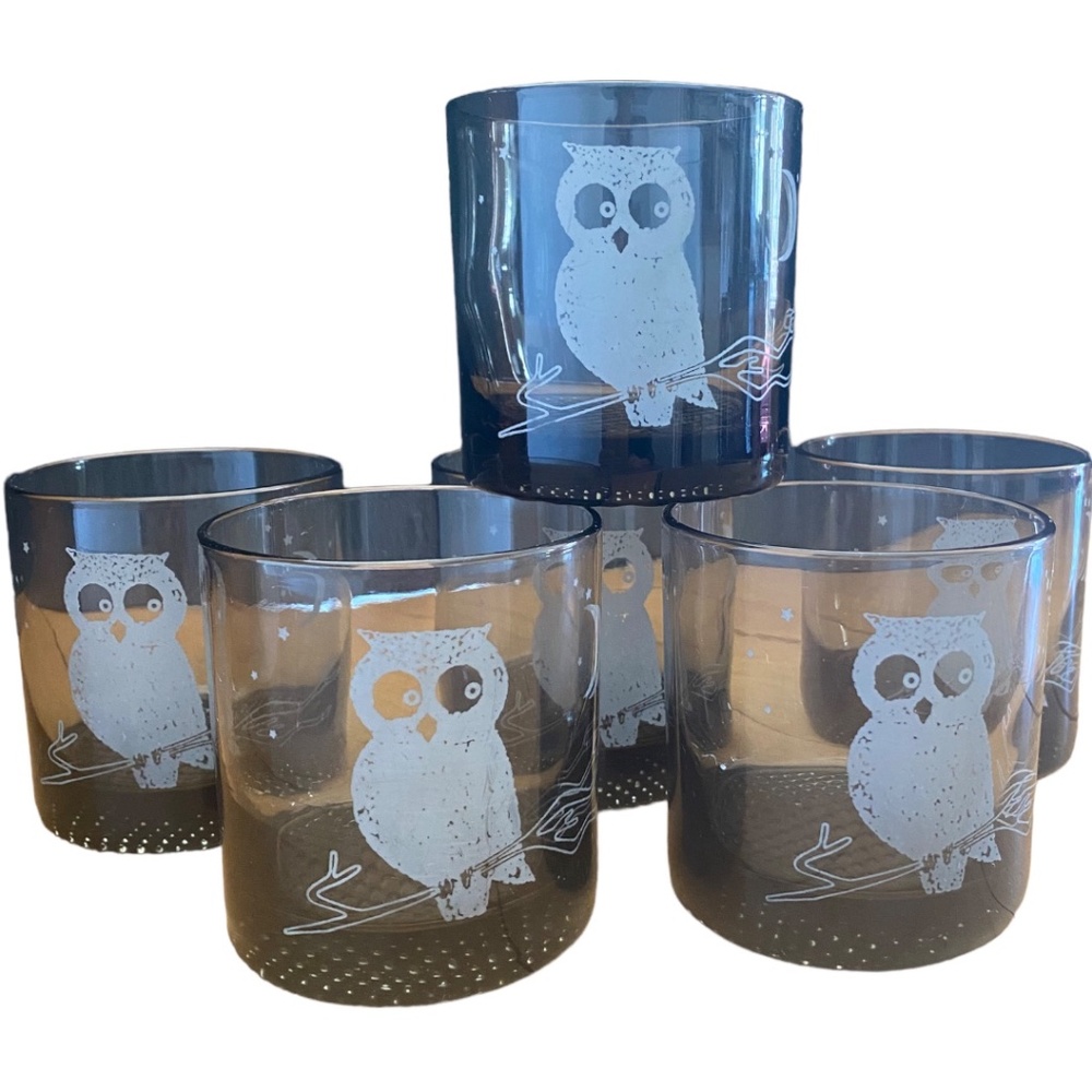 Vintage smoky glass owl tumblers. Set of 6